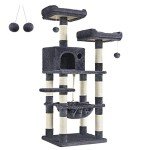 FEANDREA Cat Tree, Cat Tower for Indoor Cats, 56.3-Inch Cat Condo with Scratching Posts, Hammock, Plush Perch, Smoky Gray UPCT15GYZ