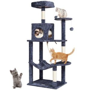 VEVOR Cat Tree for Indoor Cats, 56.2" Cat Tower with Cat Condo, Sisal Scratching Post, Hammock, Top Perch, Jumping Platforms, Large Cat House with Hang Ball, Cat Furniture Activity Center, Dark Grey