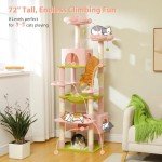 PAWZ Road Flower Cat Tree, 72 Inches Large Cat Tower with Steel Frame Hammock and 7 Scratching Posts, Tall Cat Tree with 2 Condos and Perches for Large Indoor Cats - Pink