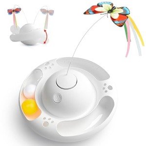 Potaroma Electric Fluttering Butterfly Cat Toys Smart Interactive Electronic Kitten Toy, Bell Track Balls, Indoor Exercise Cat Kicker, 3 AA Batteries Required (Bright White)