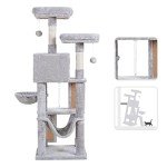 Heybly Cat Tree, Cat Tower for Indoor Cats,Multi-Level Cat Furniture Condo for Cats with Padded Plush Perch, Cozy Basket and Scratching Board Light Gray HCT014W