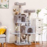 Hey-brother Multi-Level Cat Tree Condo Furniture with Sisal-Covered Scratching Posts, 2 Plush Condos, Perch Hammock for Kittens, Cats and Pets, Light Gray MPJ020-SW