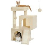 PAWZ Road Cat Tree, 30 Inches Cat Tower with Dual Condos for Indoor Cats, Plush Cat House with Padded Perch, Scratching Ramp and Posts and Replaceable Balls-Beige