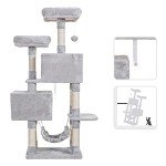 Hey-brother Multi-Level Cat Tree Condo Furniture with Sisal-Covered Scratching Posts, 2 Plush Condos, Perch Hammock for Kittens, Cats and Pets, Light Gray MPJ020-SW