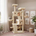 SHA CERLIN 65in Larger Cat Tree Tower Condo for Indoor Cats, Multi-Level Furniture Activity Center with Wide Base/Cozy Plush Cat Perches/Baskets/Sisal Scratching Posts and Hammock/Beige