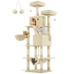 Feandrea Cat Tree, 81.1-Inch Large Cat Tower with 13 Scratching Posts, 2 Perches, 2 Caves, Basket, Hammock, Pompoms, Multi-Level Plush Cat Condo for Indoor Cats, Beige UPCT190M01