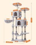 Taoqimiao 66-Inch Cat Tree Cat Tower for Indoor Cats, Plush Multi-Level Cat Condo with 12 Scratching Posts, 2 Perches, 2 Caves, Hammock, 2 Pompoms MS013W Light Gray