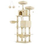 Feandrea Cat Tree, 81.1-Inch Large Cat Tower with 13 Scratching Posts, 2 Perches, 2 Caves, Basket, Hammock, Pompoms, Multi-Level Plush Cat Condo for Indoor Cats, Beige UPCT190M01