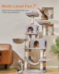 Taoqimiao 66-Inch Cat Tree Cat Tower for Indoor Cats, Plush Multi-Level Cat Condo with 12 Scratching Posts, 2 Perches, 2 Caves, Hammock, 2 Pompoms MS013W Light Gray