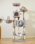 Taoqimiao 66-Inch Cat Tree Cat Tower for Indoor Cats, Plush Multi-Level Cat Condo with 12 Scratching Posts, 2 Perches, 2 Caves, Hammock, 2 Pompoms MS013W Light Gray