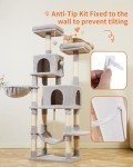 Taoqimiao 66-Inch Cat Tree Cat Tower for Indoor Cats, Plush Multi-Level Cat Condo with 12 Scratching Posts, 2 Perches, 2 Caves, Hammock, 2 Pompoms MS013W Light Gray