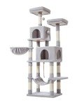 Taoqimiao 66-Inch Cat Tree Cat Tower for Indoor Cats, Plush Multi-Level Cat Condo with 12 Scratching Posts, 2 Perches, 2 Caves, Hammock, 2 Pompoms MS013W Light Gray