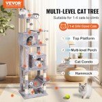 VEVOR Cat Tree for Indoor Cats, 63" Cat Tower with 2 Cat Condos, Sisal Scratching Post, Hammock, Top Perch, Jumping Platforms, Large Cat Furniture Activity Center with Hang Ball, Light Grey