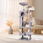 VEVOR Cat Tree for Indoor Cats, 63" Cat Tower with 2 Cat Condos, Sisal Scratching Post, Hammock, Top Perch, Jumping Platforms, Large Cat Furniture Activity Center with Hang Ball, Light Grey