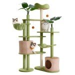 Feandrea Cat Tree, 68.1-Inch Tall Cat Tower, Multi-Level Plush Cat Condo with Artificial Leaves, 3 Scratching Posts, 2 Pompoms with Bells, for Indoor Cats, Grass Green and Camel Brown UPCT330C01