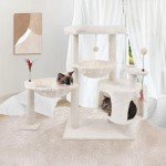 YOUPET 33.46" Cat Tree Tower with Cat Condo and Scratching Post for Indoor Cats, Activity Center Cat Furniture with Two Big Hammock and Spring Toy Balls, Beige