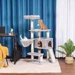 Heybly Cat Tree, Cat Tower for Indoor Cats with Scratching Board, Multi-Level Cat Furniture Condo with Feeding BowlLight Gray HCT010W