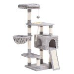 Heybly Cat Tree, Cat Tower for Indoor Cats with Scratching Board, Multi-Level Cat Furniture Condo with Feeding BowlLight Gray HCT010W
