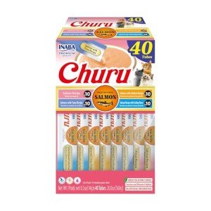INABA Churu Cat Treats, Lickable, Squeezable Creamy Purée Cat Treat with Green Tea Extract & Taurine, 0.5 Ounces Each Tube, 40 Tubes, Salmon Variety Box