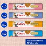 INABA Churu Cat Treats, Lickable, Squeezable Creamy Purée Cat Treat with Green Tea Extract & Taurine, 0.5 Ounces Each Tube, 40 Tubes, Salmon Variety Box