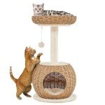 Yaheetech Cat Tree, 29.5in Rattan Cat Tower for Indoor Cats w/Scratching Post, Woven Cat Condo and Soft Cushion Top Perch, Aesthetic Cat Tree for Kittens