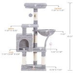 Heybly Cat Tree with Toy, Cat Tower condo for Indoor Cats, Cat House with Padded Plush Perch, Cozy Hammock and Sisal Scratching Posts, Light Gray HCT004SW