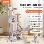 VEVOR Cat Tree for Indoor Cats, 56.2" Cat Tower with Cat Condo, Sisal Scratching Post, Hammock, Top Perch, Jumping Platforms, Large Cat House with Hang Ball, Cat Furniture Activity Center, Light Grey