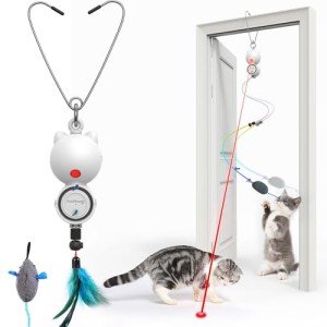 FEELNEEDY Interactive Cat Toys LED Light Hanging Cat Toys for Indoor Cats, Cat Wand Toy Cat Feather Toy, Feather & Mouse Cat Toys for Bored Adult Cats Kitten Exercise, White