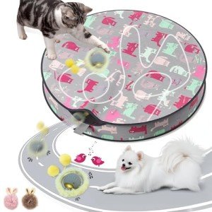 Interactive Cat Toys for Indoor Cats Kitten Puppy, Automatic Motion Cat Toy in Pouch Fast Rolling Ball in Play Mat Hide and Seek Mouse Catching Game with Chirping Stimulation, LED Lights, Auto On/Off