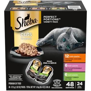 Sheba Perfect Portions Wet Cat Food Cuts in Gravy Variety Pack, Roasted Chicken Entree, With Sustainable Salmon, and Tender Turkey Entree, 2.6 oz. Twin-Pack Trays (24 Count, 48 Servings)