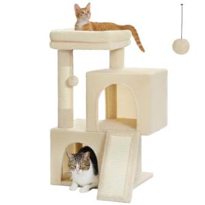 PAWZ Road Cat Tree, 30 Inches Cat Tower with Dual Condos for Indoor Cats, Plush Cat House with Padded Perch, Scratching Ramp and Posts and Replaceable Balls-Beige