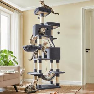 Feandrea Cat Tree, 81.1-Inch Large Cat Tower with 13 Scratching Posts, 2 Perches, 2 Caves, Basket, Hammock, Pompoms, Multi-Level Plush Cat Condo for Indoor Cats, Smoky Gray UPCT190G01