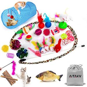 AILUKI 35 PCS Cat Toys Kitten Toys Assortments,Variety Catnip Toy Set Including 2 Way Tunnel,Cat Feather Teaser,Catnip Fish,Mice,Colorful Balls and Bells for Cat,Puppy,Kitty