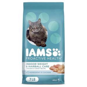 IAMS PROACTIVE HEALTH Adult Indoor Weight Control & Hairball Care Dry Cat Food with Chicken & Turkey Cat Kibble, 7 lb. Bag