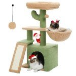PETEPELA Cactus Cat Tree for Indoor Cats, 32'' Small Cat Tower Cat Condo with Sisal Scratching Ramp, Cozy Hammock and Removable Top Bed Perch for Kittens, Green