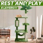 TSCOMON 61" Large Cat Tree Tower for Indoor Cats with DIY Green Leaves Scratching Post Multi Soft Hang Ball Plush Cat House Furniture 360° Rotating Cat Scratch Board with Hammock, Green