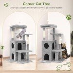 Globlazer FC50 Cat Tree Tower for Indoor Cats, 50-inch Adult Cat Tree House for Large Adult Cats with Steps, Scratching Post, 2 Cat Caves, Dangling Toys, Light Grey