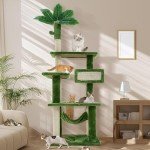 TSCOMON 61" Large Cat Tree Tower for Indoor Cats with DIY Green Leaves Scratching Post Multi Soft Hang Ball Plush Cat House Furniture 360° Rotating Cat Scratch Board with Hammock, Green