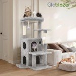 Globlazer FC50 Cat Tree Tower for Indoor Cats, 50-inch Adult Cat Tree House for Large Adult Cats with Steps, Scratching Post, 2 Cat Caves, Dangling Toys, Light Grey