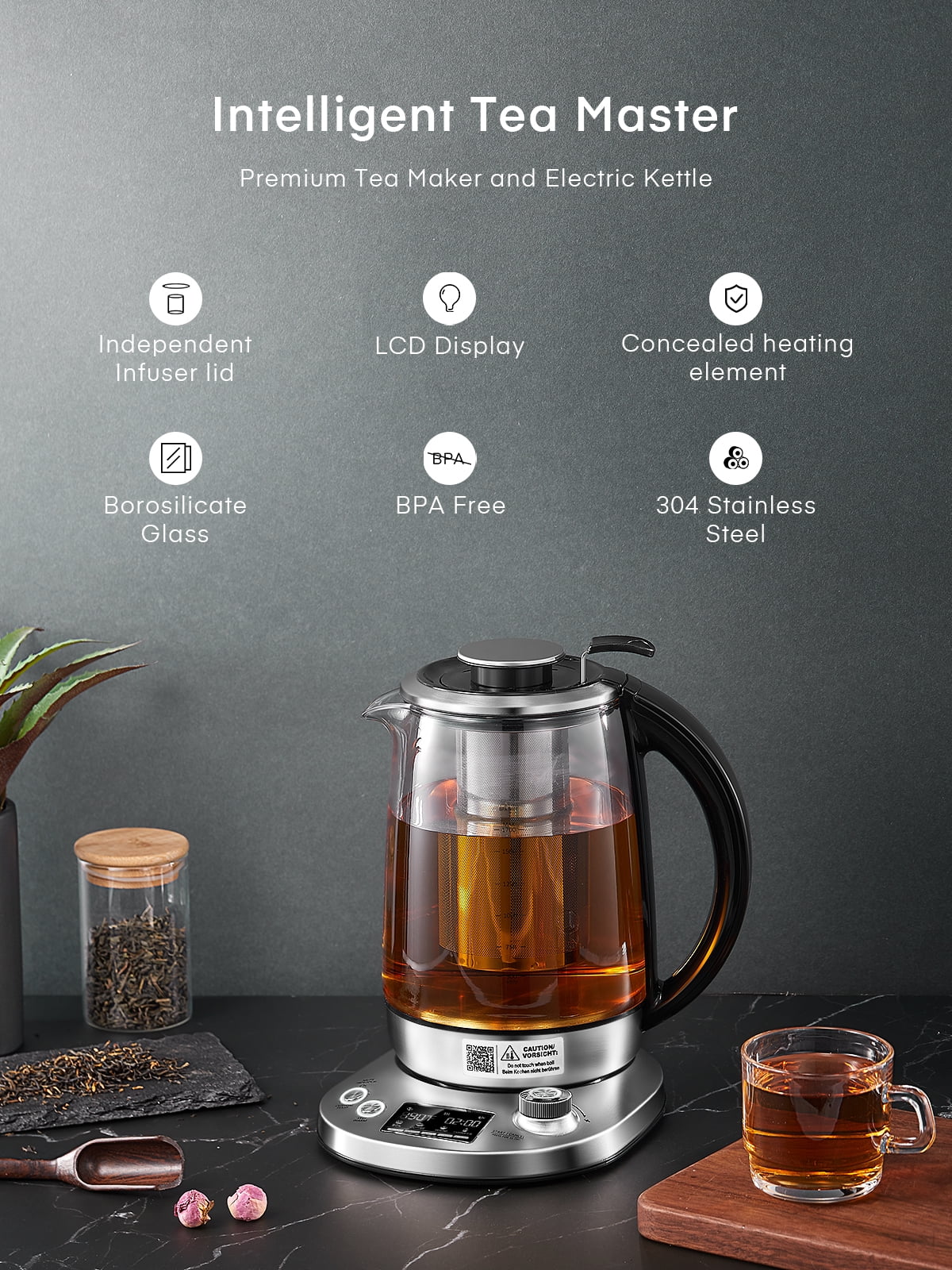 FOHERE Temperature Control Electric Tea Kettle 1.7L