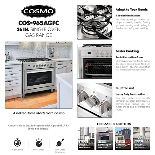 COSMO 36" Gas Range with 5 Burners & Convection Oven