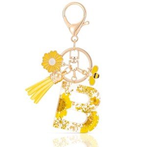 Yellow Floral Initial B Keychain with Bee Tassel
