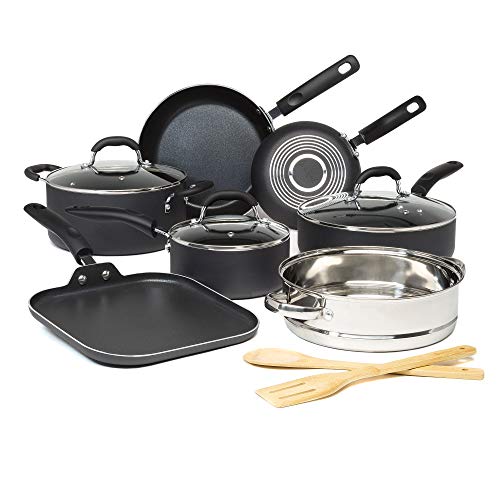Goodful Cookware Set with Premium Non-Stick Coating, Dishwasher Safe Pots and Pans, Tempered Glass Steam Vented Lids, Stainless Steel Steamer, and Bamboo Cooking Utensils Set, 12-Piece, Charcoal Gray