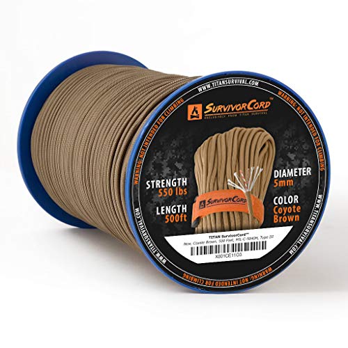 620 LB Coyote Brown SurvivorCord Hank, Coyote Brown Paracord 550 Type III, Military Grade, Heavy Duty Paracord with 3 Survival Strands, Cordage for Camping, with Survival Firestarter.