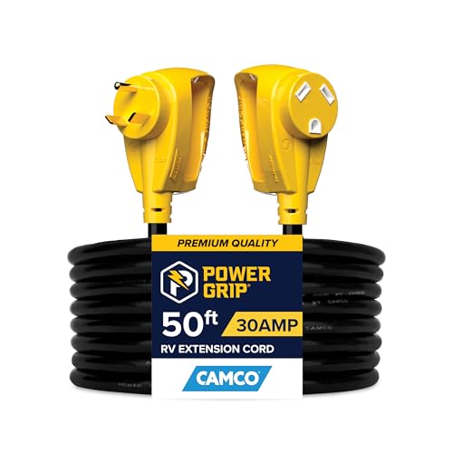 Camco Power Grip 50-Ft 30 Amp RV Extension Cord - Rated for 125V /3,750W - Features Heavy Duty 10-Gauge Copper Wire for Superior Conductivity & Coated w/Heat-Resilient PVC (55197)