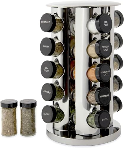 Kamenstein 20 Jar Revolving Countertop Spice Rack with Spices Included, FREE Spice Refills for 5 Years, Polished Stainless Steel with Black Caps