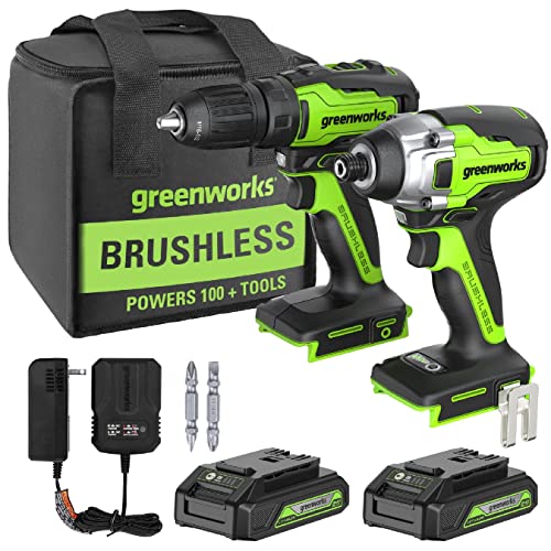 Greenworks 24V Brushless Drill / Impact Driver Combo Kit, (2) 1.5Ah USB (Power Bank) Batteries and Charger Included LED Light, 2pcs Driving Bits with Tool Bag