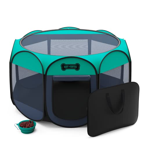 Ruff 'n Ruffus Portable Foldable Pet Playpen + Free Carrying Case + Free Travel Bowl | Available in 3 Sizes Indoor/Outdoor Water-Resistant Removable Shade Cover