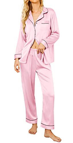 Ekouaer Lounge Set Women's Silk Soft Sleepwear Satin Long Sleeve Two Piece Pajamas Pj Set (Pink,L)