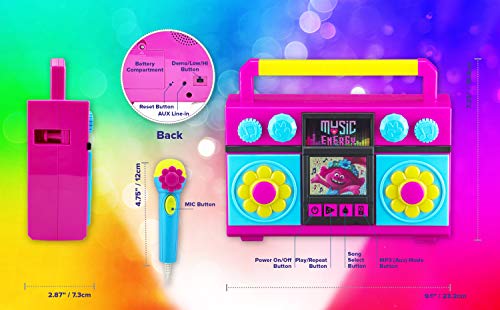 ekids Trolls World Tour Sing Along Boom Box Speaker with Microphone for Fans of Trolls Toys for Girls, Kids Karaoke Machine with Built in Music and Flashing Lights